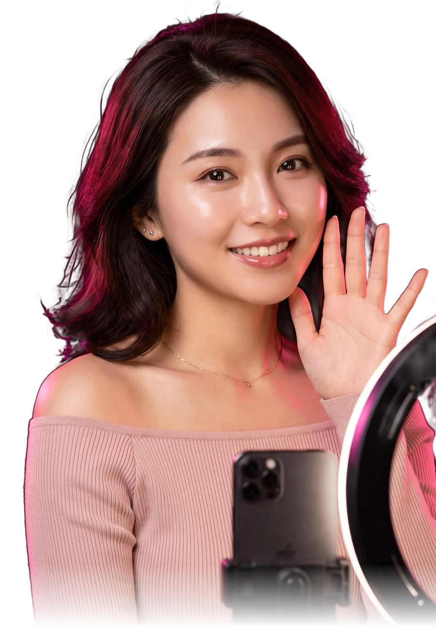 リングライトとスマートフォンに向かってライブ配信をするライバーのイメージ