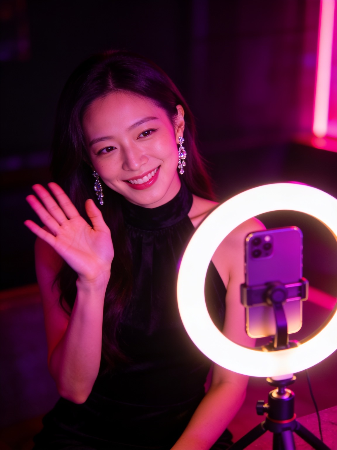 リングライトとスマートフォンに向かってライブ配信をするライバーのイメージ